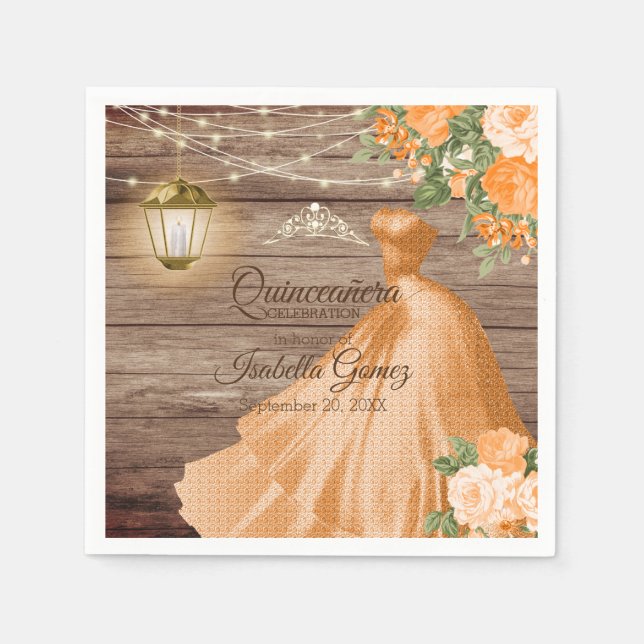 Quinceañera Wood and Orange Flowers Napkins (Front)