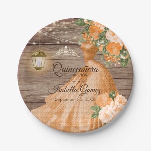 Quinceaera Wood and Orange Flowers Paper Plates