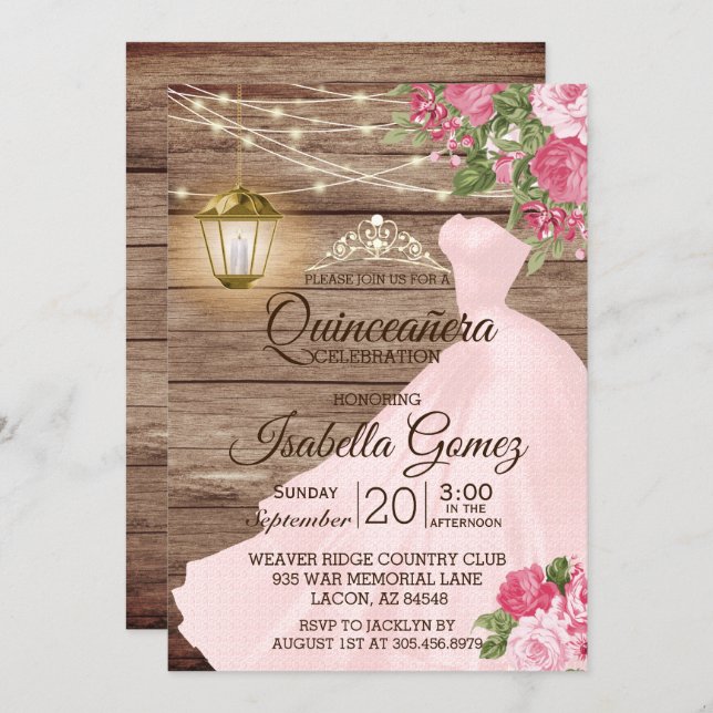 Quinceañera Wood and Pink Mauve Flowers Invitation (Front/Back)