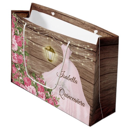 Quinceaera Wood and Pink Mauve Flowers Large Gift Bag