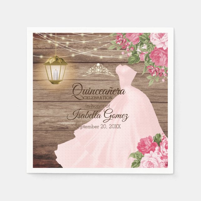 Quinceañera Wood and Pink Mauve Flowers Napkins (Front)