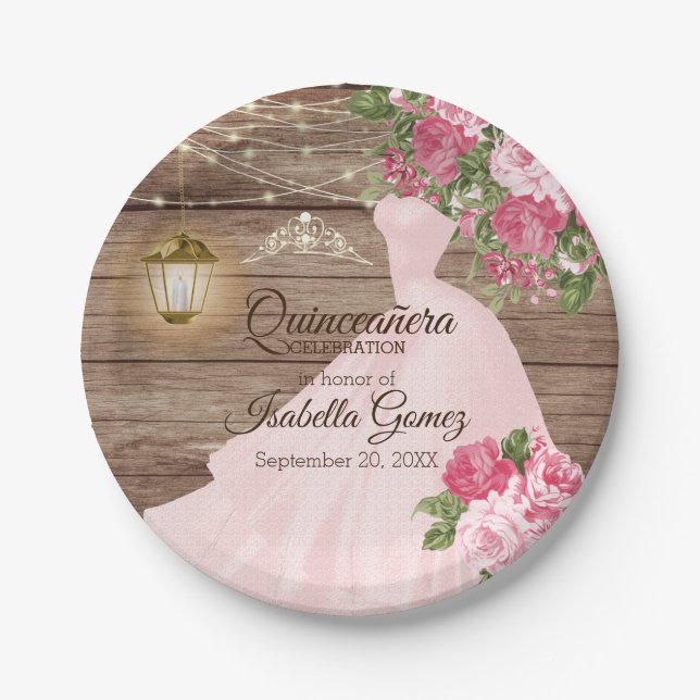 Quinceañera Wood and Pink Mauve Flowers Paper Plates (Front)