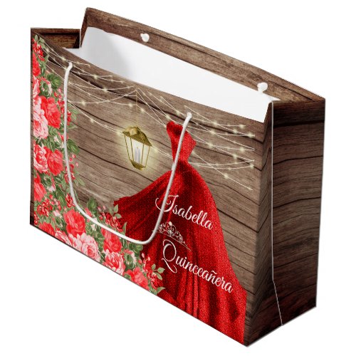Quinceanera _ Wood and Red Floral Large Gift Bag