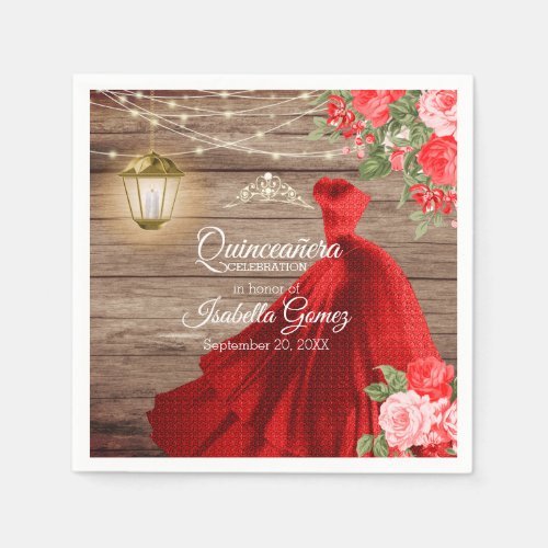 Quinceaera Wood and Red Flowers Napkins