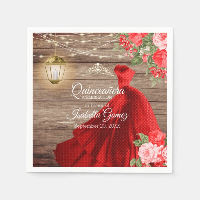 Quinceañera Wood and Red Flowers Napkins (Front)