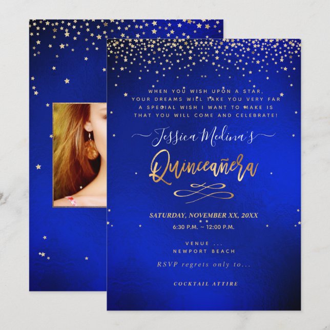 Quinceañera, Written in the Star, Blue Velvet Invitation (Front/Back)
