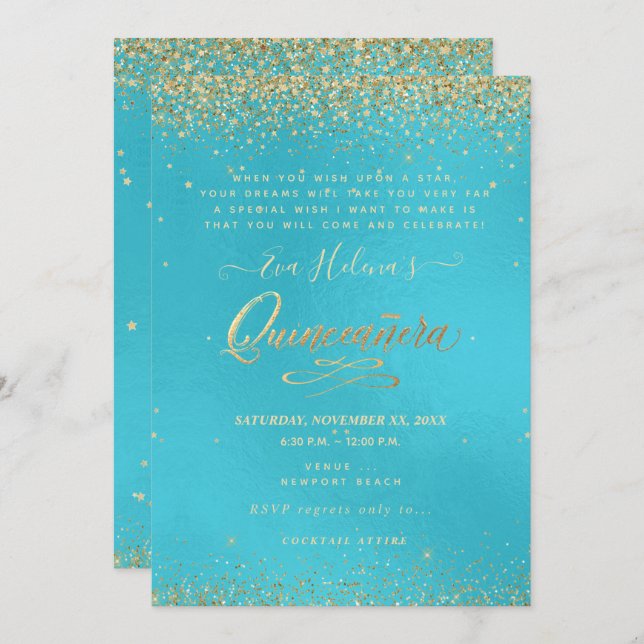 Quinceañera, Written in the Star, DIY Aqua Blue Invitation (Front/Back)