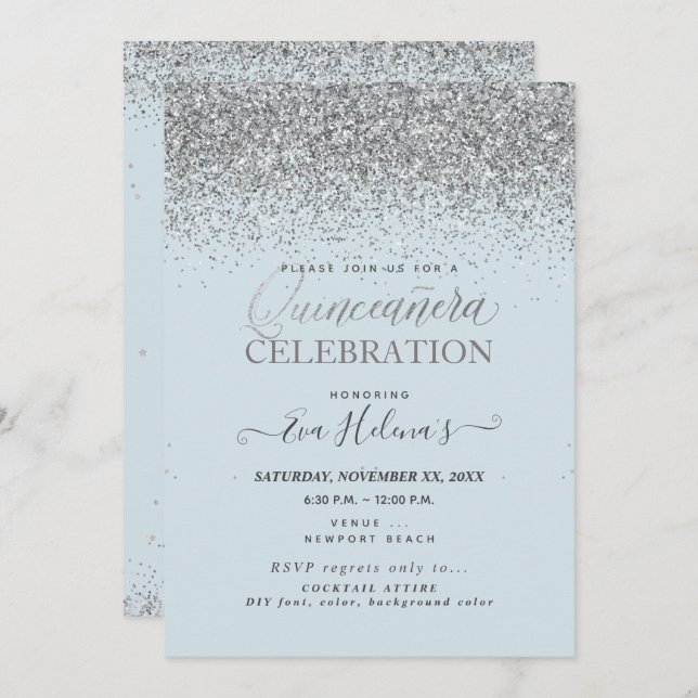 Quinceañera, Written in the Star, DIY Dusty Blue Invitation (Front/Back)