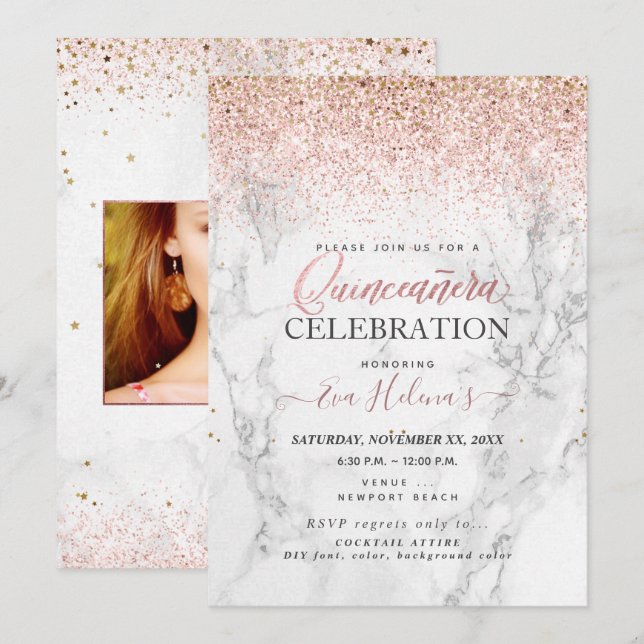 Quinceañera, Written in the Star, Marble+Rose Gold Invitation (Front/Back)
