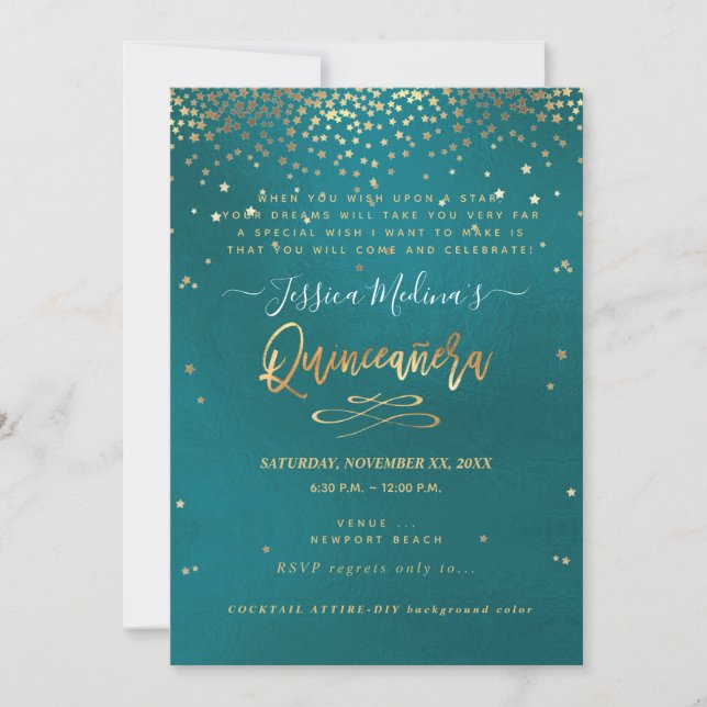 Quinceañera , Written in the Stars, DIY Teal Invitation (Front)