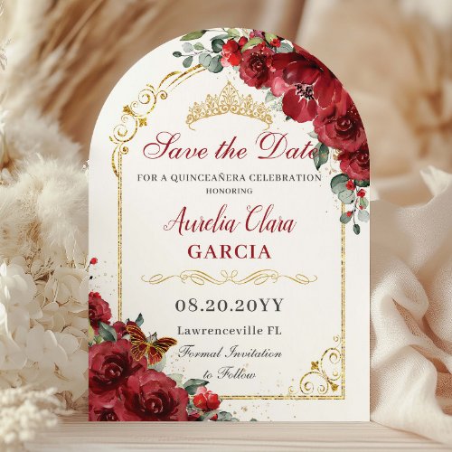 Quincea&#241;era XV 15 Red Floral Butterflies Birthday  Save The Date