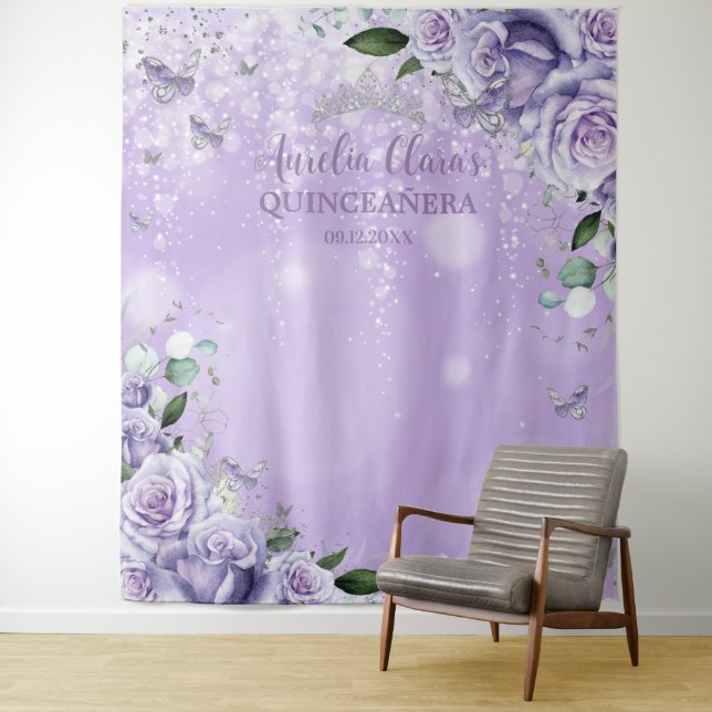 Quinceañera XV 16 Purple Floral Butterflies Photo Tapestry (In Situ)