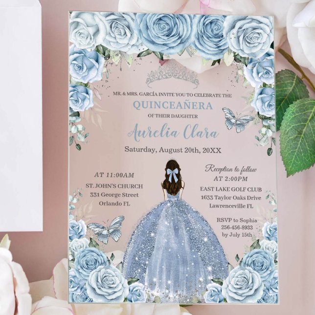 Quinceañera XV Baby Blue Floral Princess Silver Acrylic Invitations (beautiful baby blue floral quinceanera acrylic invitation with a brunette girl in a baby blue dress)