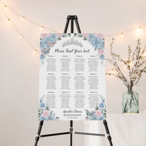 Quinceaera XV Baby Blue Pink Floral Seating Chart Foam Board