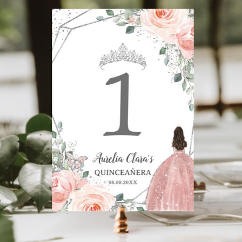 Quinceaera XV Birthday Blush Pink Floral Princess Table Number