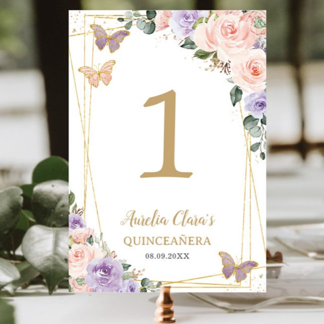 Quinceañera XV Birthday Blush Purple Lilac Floral Table Number (Creator Uploaded)