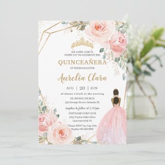 Quinceañera XV Blush Pink Floral Brown Princess Invitation | Zazzle