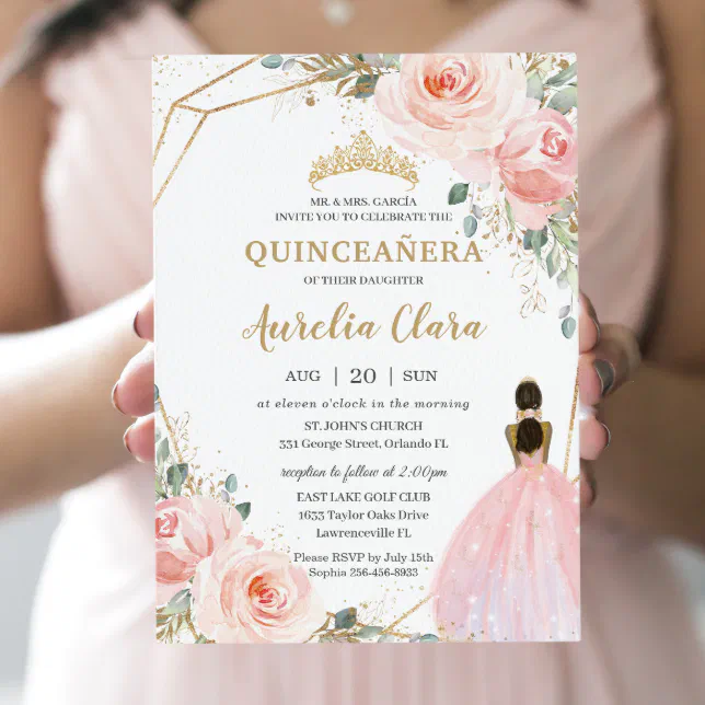 Quinceañera XV Blush Pink Floral Brown Princess Invitation | Zazzle