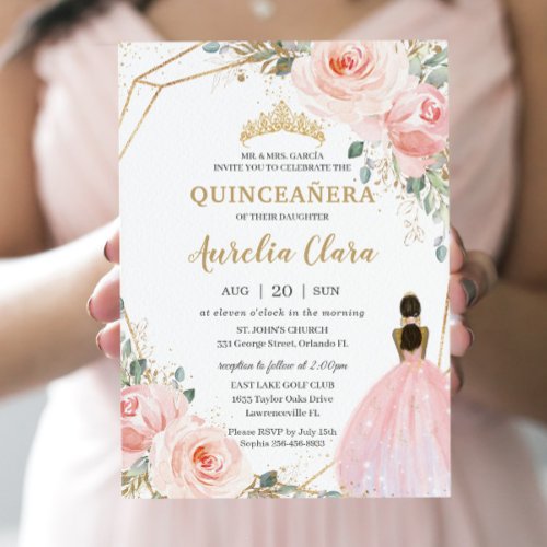 Quinceaera XV Blush Pink Floral Brown Princess Invitation