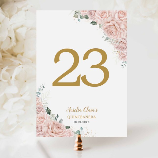 Quinceanera XV Blush Pink Roses Floral Gold Table Number (Creator Uploaded)