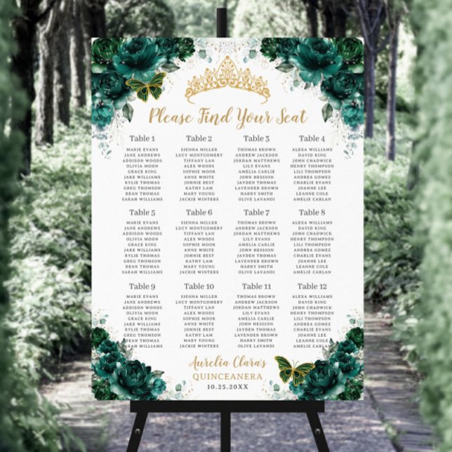Quinceañera XV Emerald Green Floral Seating Chart Foam Board (Creator Uploaded)