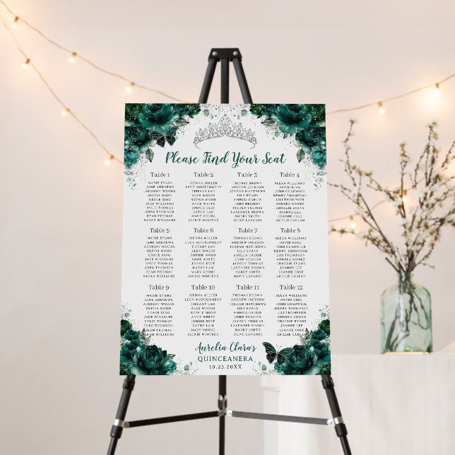 Quinceañera XV Emerald Green Floral Seating Chart Foam Board (In Situ (Stand))