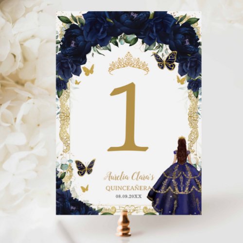 Quincea&#241;era XV Navy Blue Floral Gold Girl Dress  Table Number