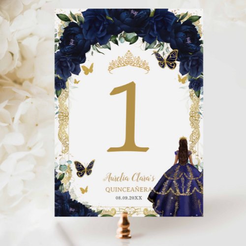 Quinceanera XV Navy Blue Floral Gold Tan Girl Gown Table Number