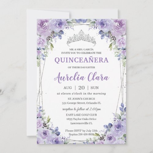 Quinceaera XV Purple Lilac Floral Silver Crown Invitation