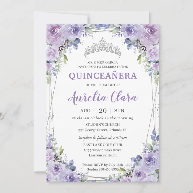 Quinceañera XV Purple Lilac Floral Silver Crown Invitation | Zazzle