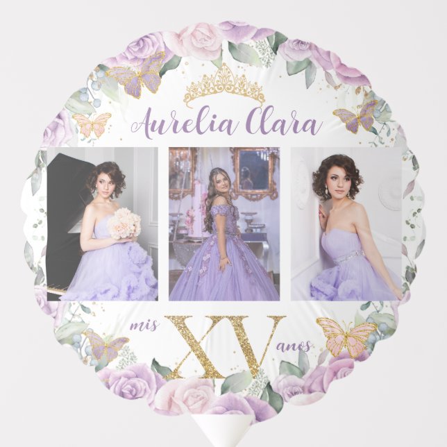 Quinceañera XV Purple Lilac Pink Floral Gold Photo Balloon (Front)