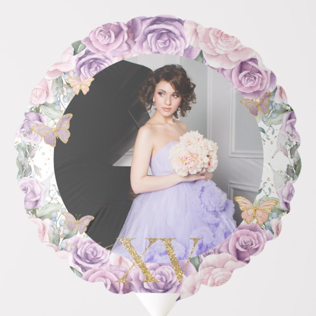 Quinceañera XV Purple Lilac Pink Floral Gold Photo Balloon (Front)
