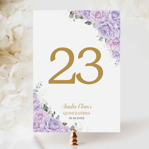 Quinceanera XV Purple Lilac Roses Floral Gold Table Number