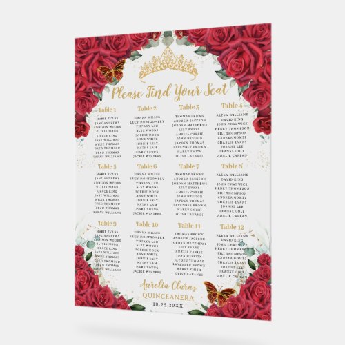 Quincea&#241;era XV Red Roses Floral Gold Seating Seat  Acrylic Sign