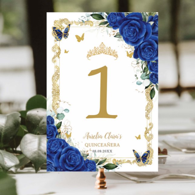 Quinceañera XV Royal Blue Floral Gold Butterflies Table Number (Creator Uploaded)