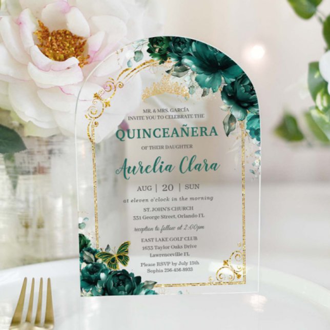Quinceañera XV Sweet 16 Emerald Green Floral Arch Acrylic Invitations (Creator Uploaded)