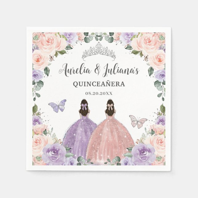 Quinceañera XV Sweet 16 Lilac Blush Floral Twins Napkins (Front)