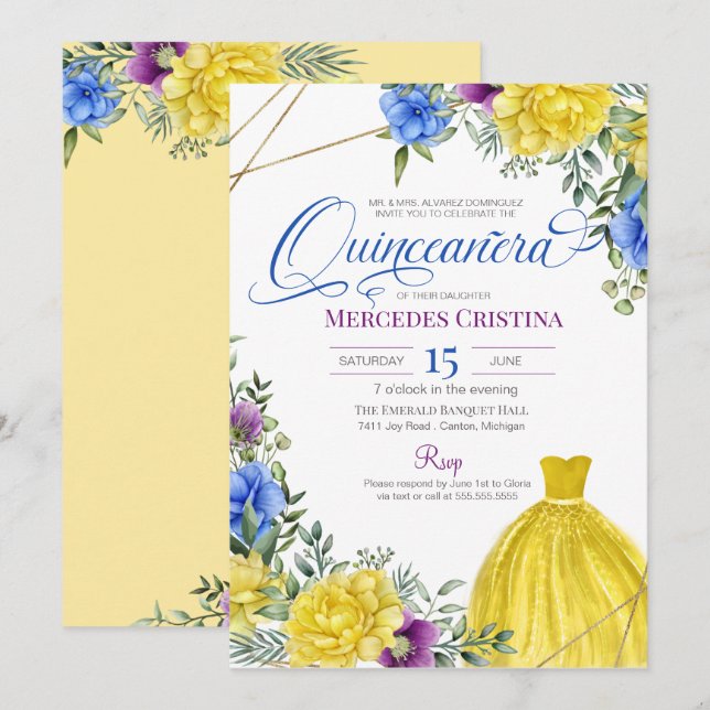 Quinceañera Yellow Dress bright flowers  Invitation (Front/Back)