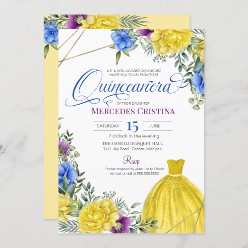 Quinceaera Yellow Dress bright flowers  Invitation