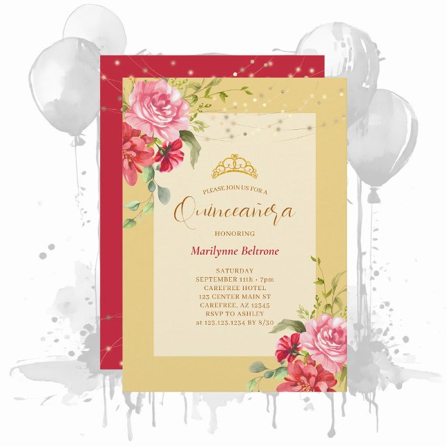 Quinceañera Yellow Floral Gold Invitation (Creator Uploaded)