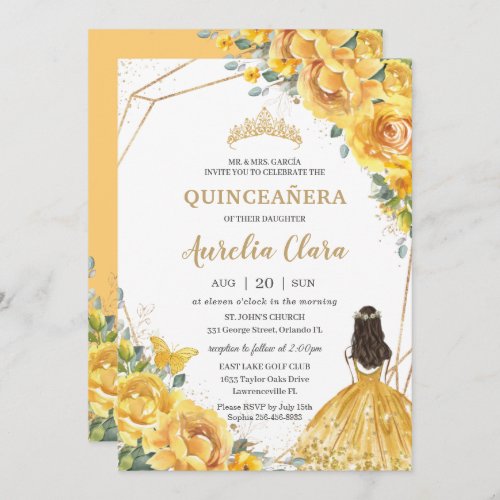 Quinceaera Yellow Floral Gold Princess 15 Anos In Invitation
