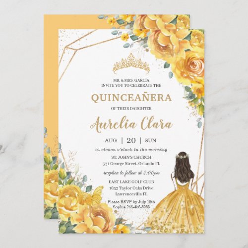 Quinceaera Yellow Floral Gold Princess 15 Anos Invitation