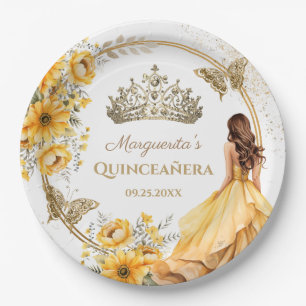 Quinceañera Yellow Floral Gold Tiara Butterfly Paper Plates