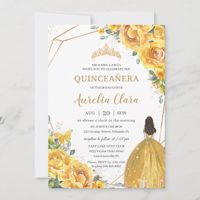 Quinceañera Yellow Floral Princess Crown Birthday Invitation (Front)