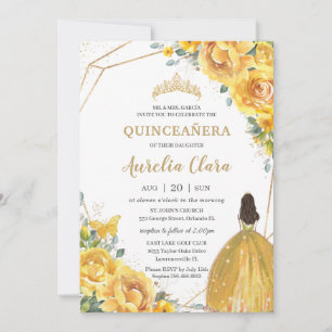 Quinceañera Yellow Floral Princess Crown Birthday Invitation