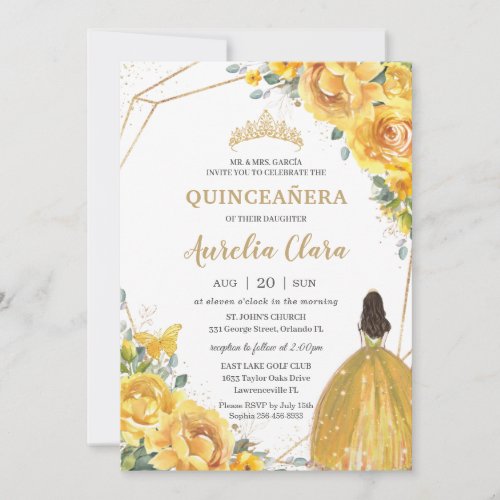 Quinceaera Yellow Floral Princess Crown Birthday Invitation