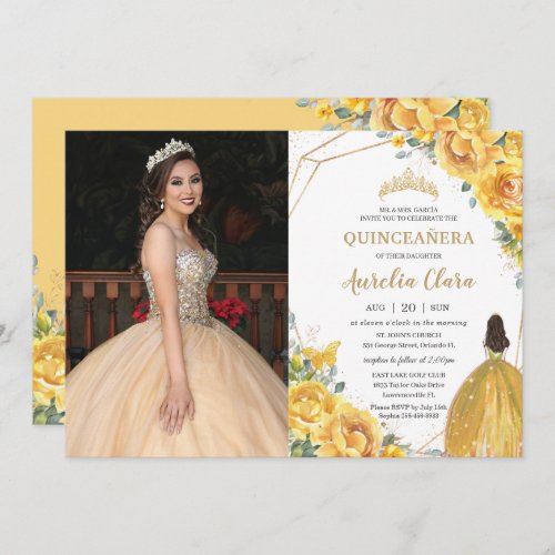 Quinceaera Yellow Floral Princess Crown Birthday  Invitation