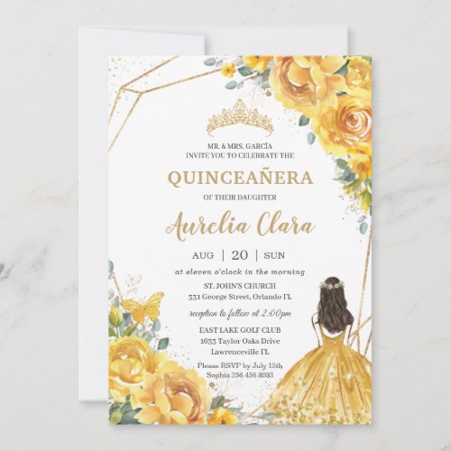 Quinceaera Yellow Floral Roses Princess Birthday Invitation