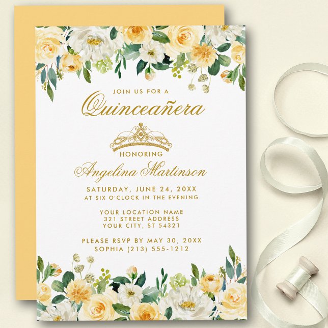 Quinceanera Yellow Gold White Floral Crown Invite