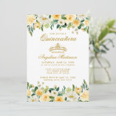 Quinceanera Yellow Gold White Floral Crown Invite (Standing Front)